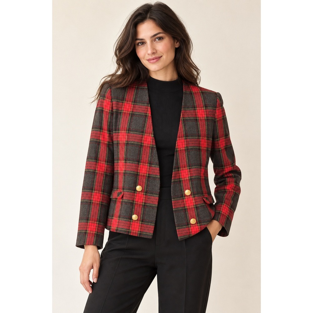 Tan Jay Plaid Blazer Double Breasted Gold Crest Button Red Grey Large Collarless